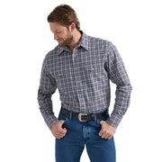 Men's Wrinkle Resist Long Sleeve Western Snap Plaid Shirt in Grey Blue