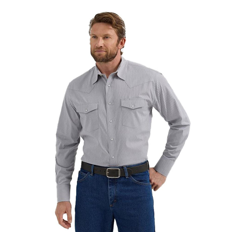 Men's Wrinkle Resist Long Sleeve Grey Stripe Snap Shirt