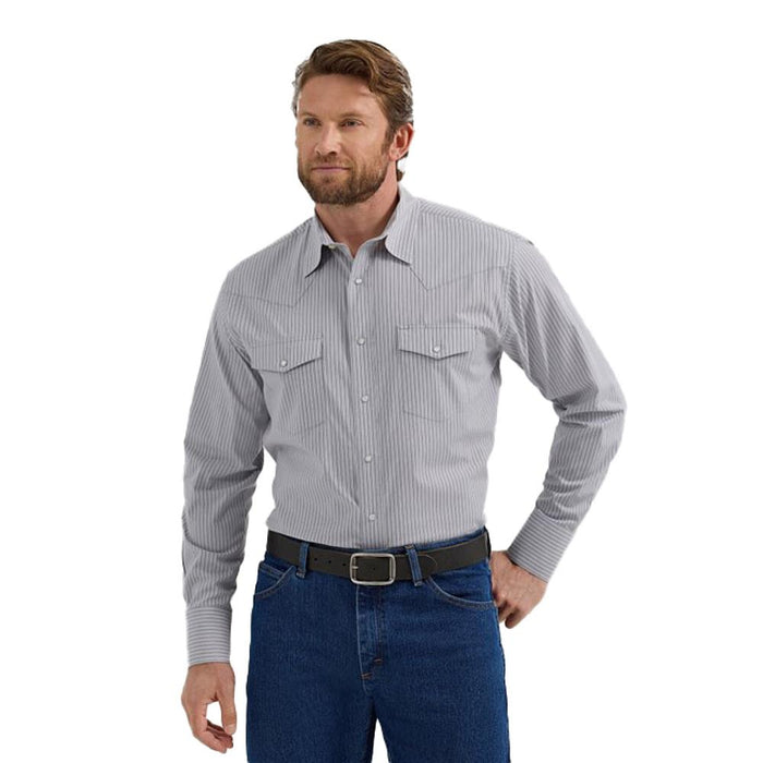Men's Wrinkle Resist Long Sleeve Grey Stripe Snap Shirt