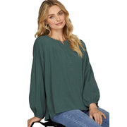 Womens Hunter Green Pintuck Long Sleeve Top