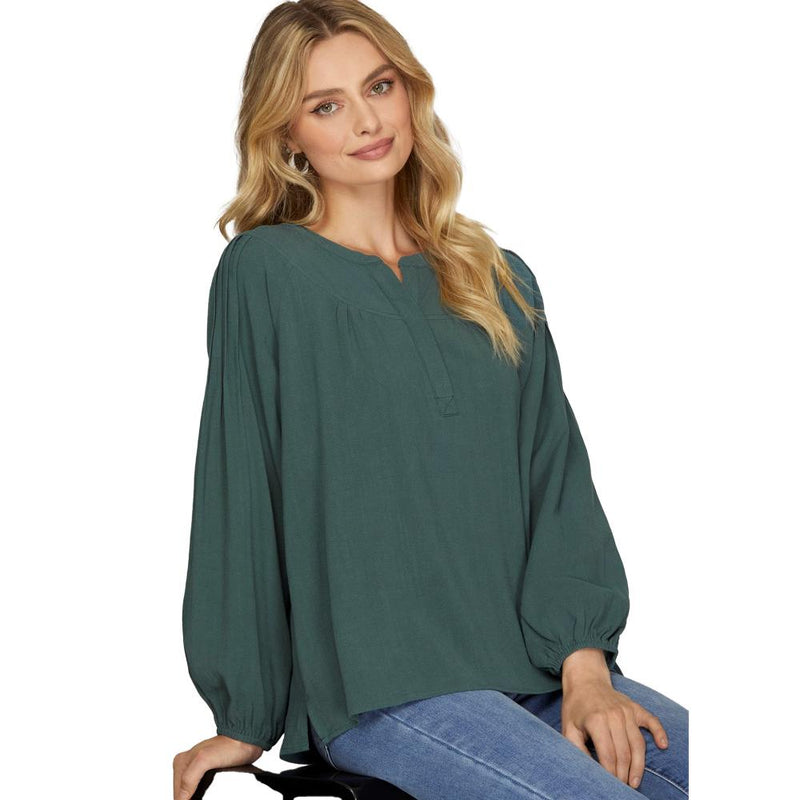 Womens Hunter Green Pintuck Long Sleeve Top