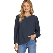 Womens Navy Pintuck Long Sleeve Top
