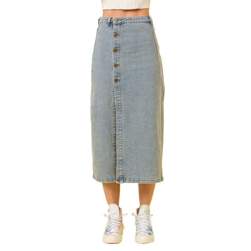 Womens Medium Wash Denim Midi Skirt