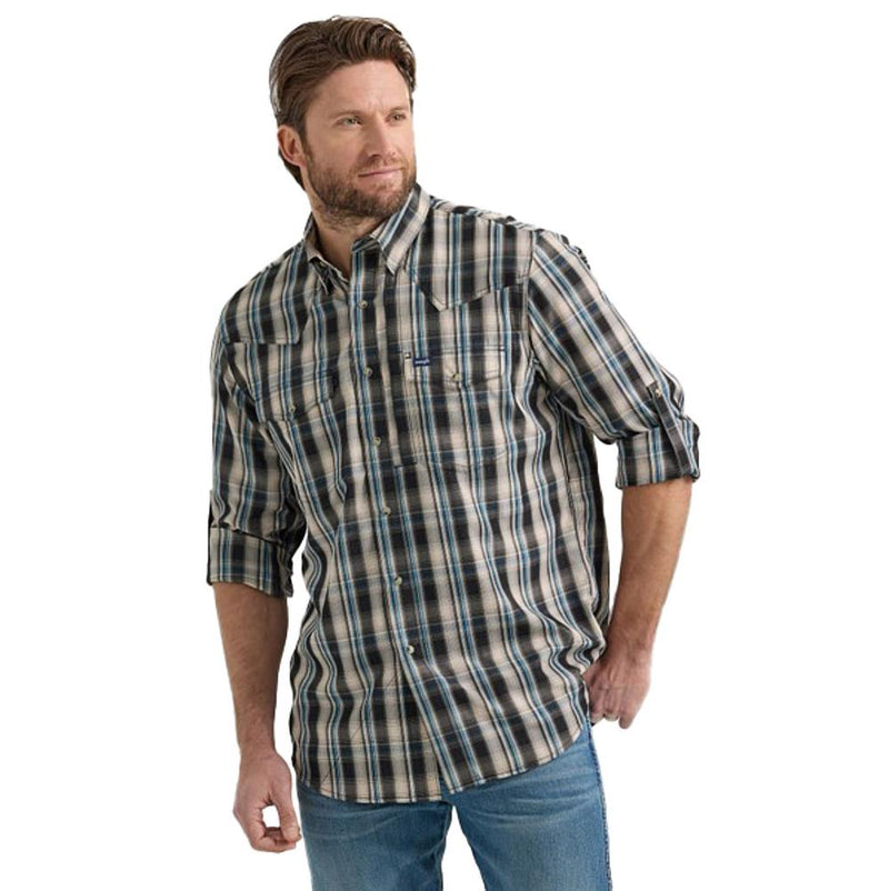 Mens Performance Tan/Blk Plaid Shirt