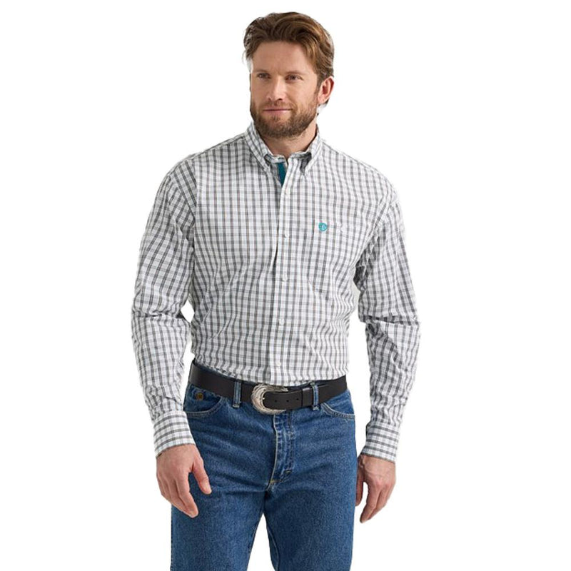 Mens White/Brown Check Long Sleeve Button Shirt