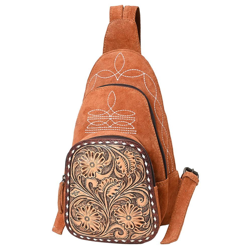 Suede Leather Tooled Sling Bag