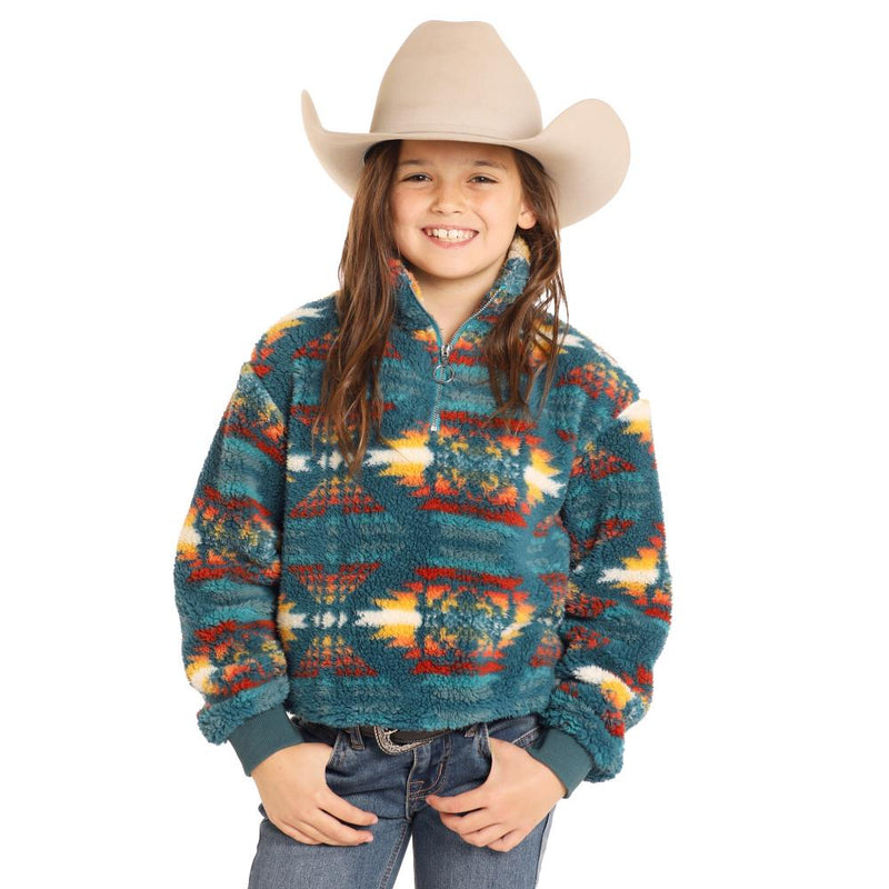 And Girls Teal Printed Sherpa Pullover