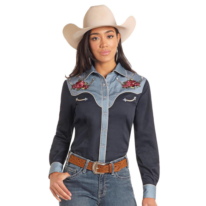 Panhandle Slim Womens newest Western Pearl Snap Shirt lg Embroidered