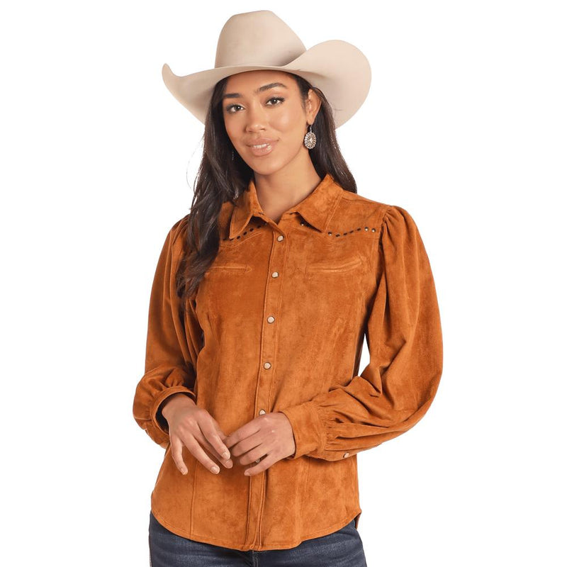 Women's Rust Suede Long Sleeve Snap Front Shirt