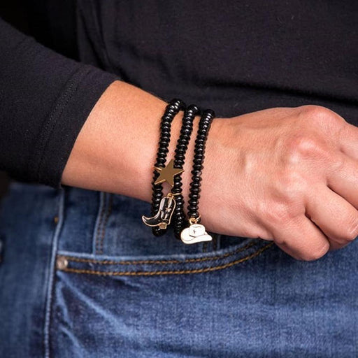 Three Str Black Disc Bead Stretch Charm Bracelet