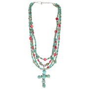 Turquoise and Coral Nugget Cross Necklace