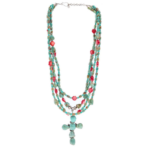 Turquoise and Coral Nugget Cross Necklace