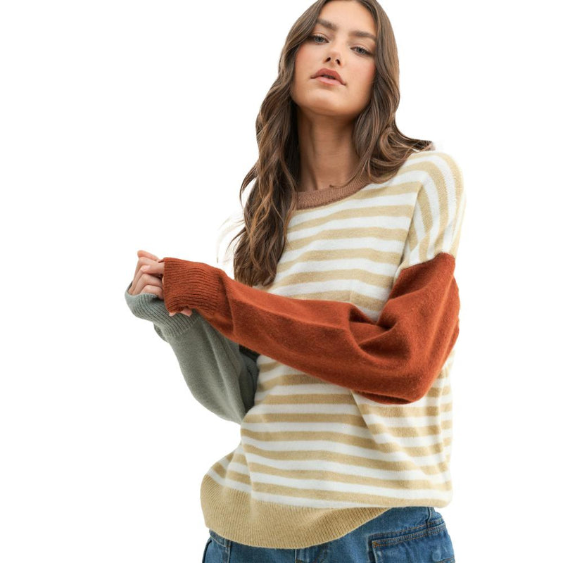Womens Taupe White Sweater