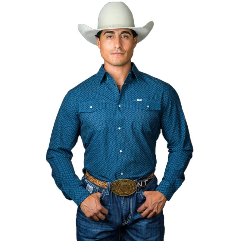 Mens Blue Print Vented Pearl Snap Shirt