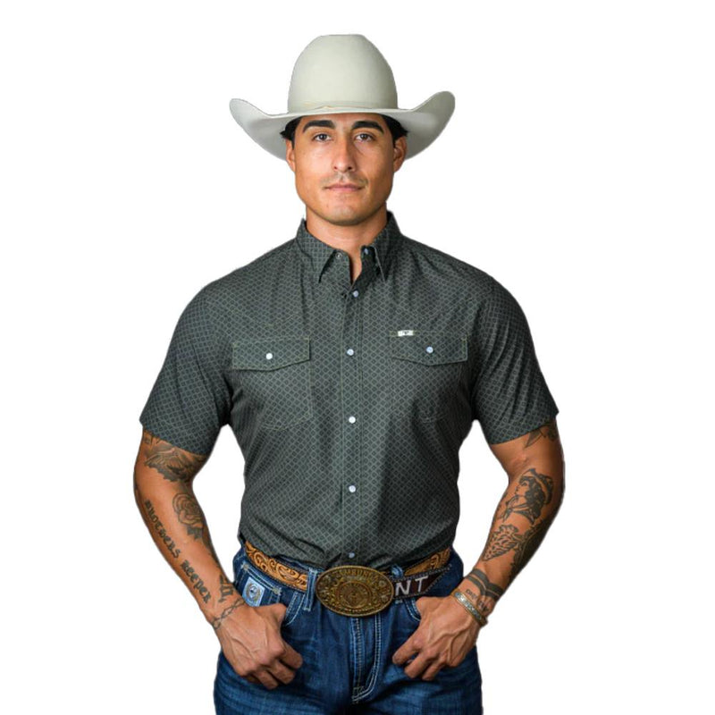 Mens Green Print Vented Pearl Snap Shirt
