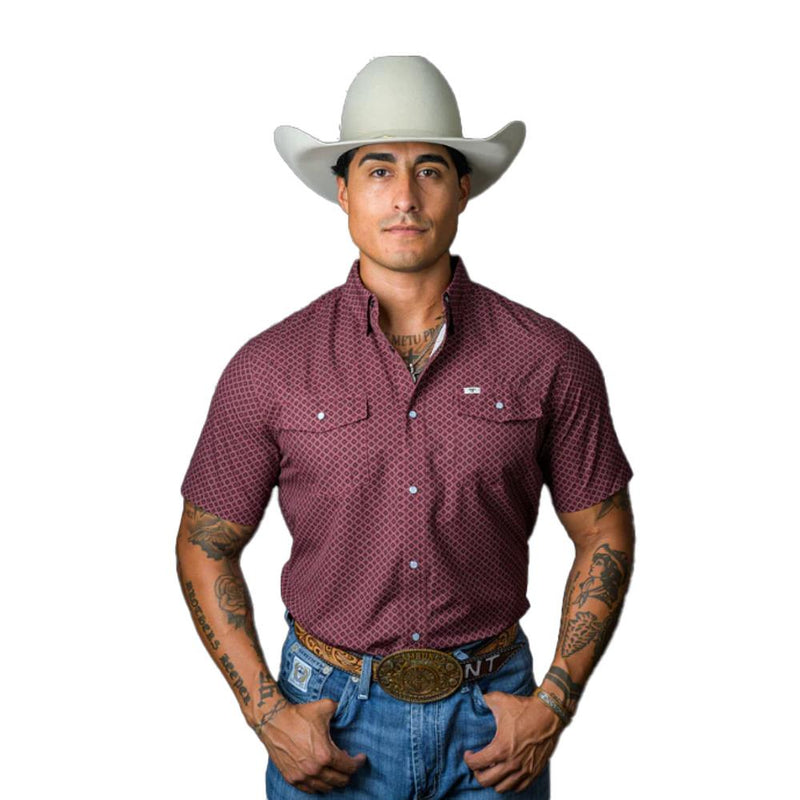 Mens Red Print Vented Pearl Snap Shirt
