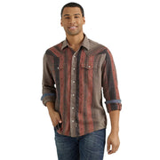 Mens Retro Brown Stripe Long Sleeve Snap Shirt