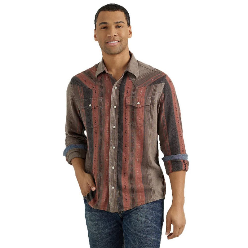 Mens Retro Brown Stripe Long Sleeve Snap Shirt