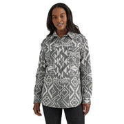 Womens Retro Grey Geo Print Long Sleeve Snap Shirt