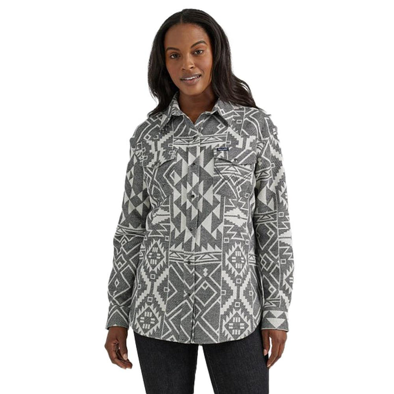 Womens Retro Grey Geo Print Long Sleeve Snap Shirt
