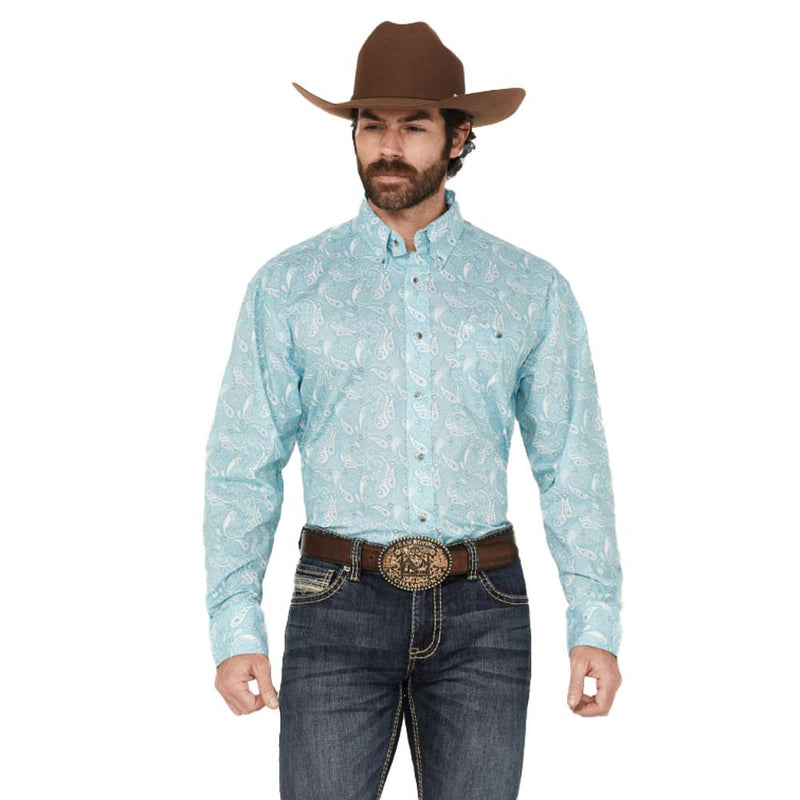 Mens Long Sleeve Aqua Paisley Print Button Down Shirt