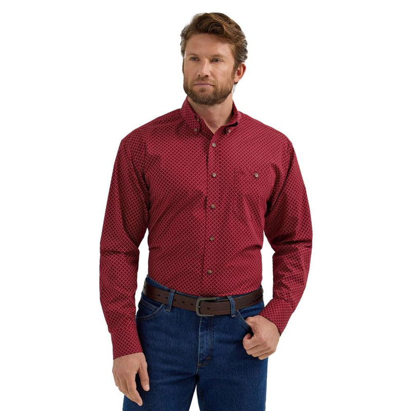 Mens Red Geometric Print Long Sleeve Button Down Shirt