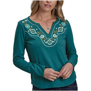 Womens Teal Aztec Embroidery Long Sleeve Shirt
