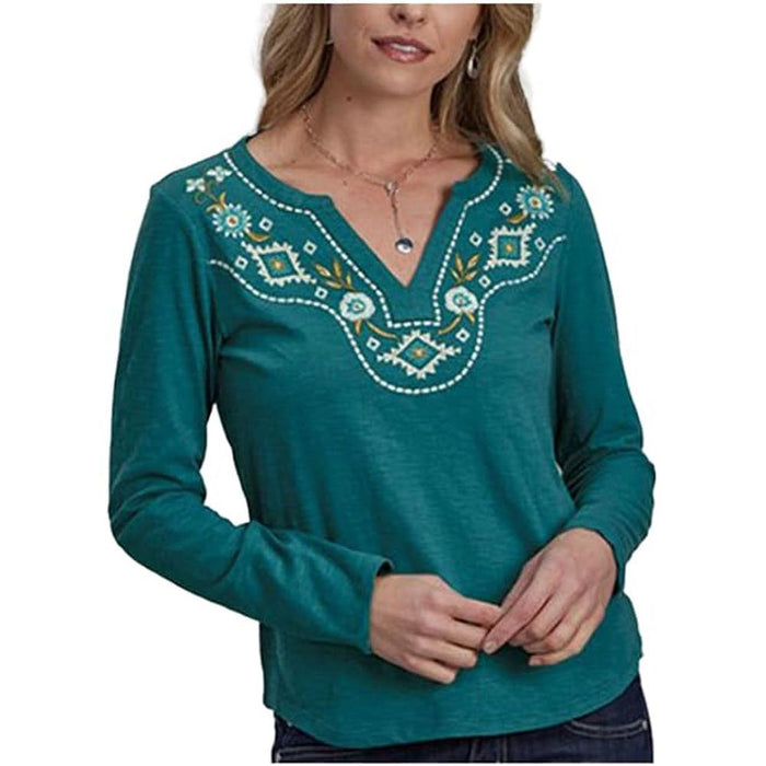 Womens Teal Aztec Embroidery Long Sleeve Shirt