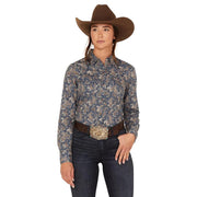 Womens Navy Print Snap Shirt