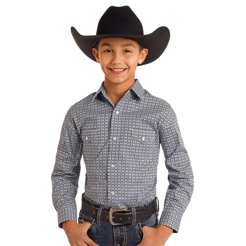 Boys Navy Diamond Print Long Sleeve Button Down Shirt