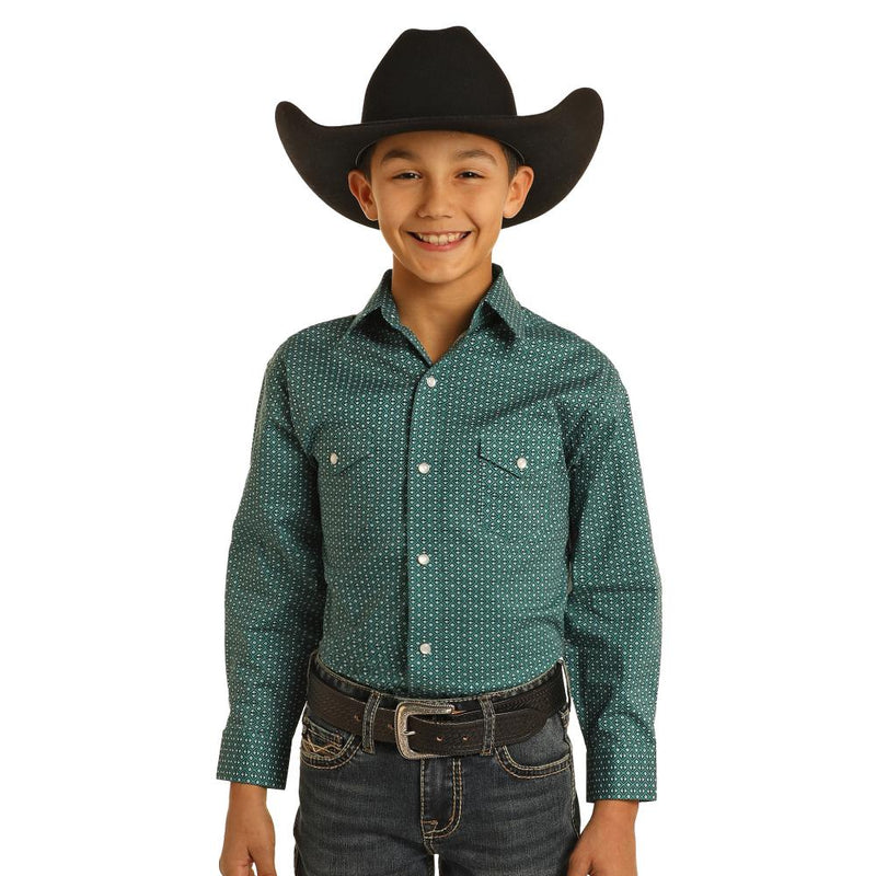 Boys Green Diamond Print Long Sleeve Button Down Shirt