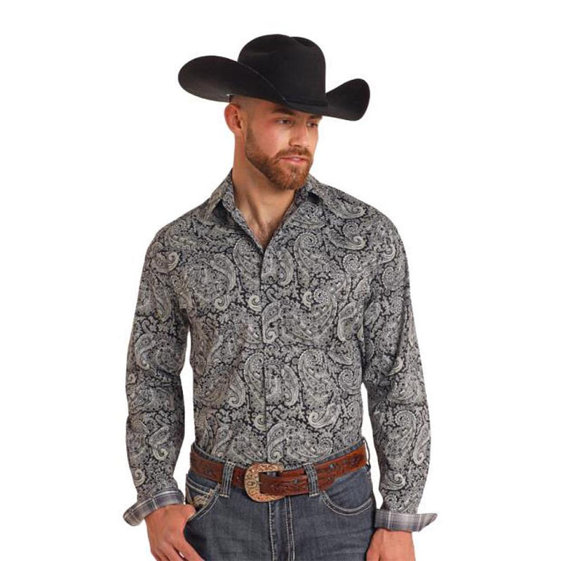 Mens Black Paisley Print Long Sleeve Snap Shirt