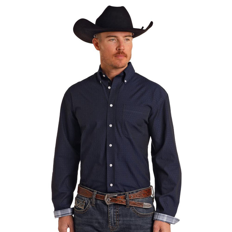 Mens Navy Dobby Long Sleeve Button Down Shirt