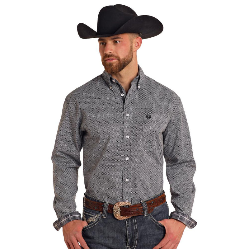 Mens Black Diamond Geo Print Long Sleeve Snap Shirt