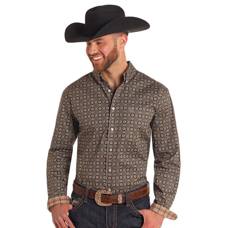 Mens Brown Floral Medallion Print Long Sleeve Button Down Shirt