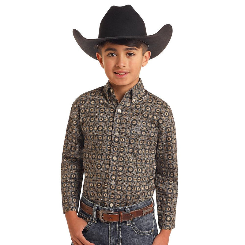 Boys Charcoal Floral medallion Print Long Sleeve Button Down Shirt