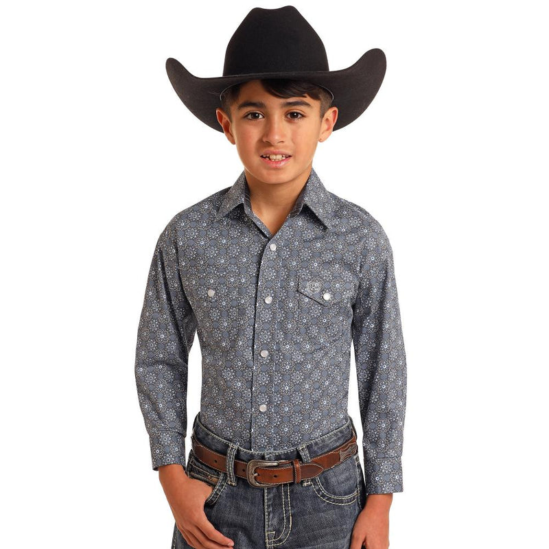 Boys Grey Geo Floral Print Long Sleeve Button Down Shirt