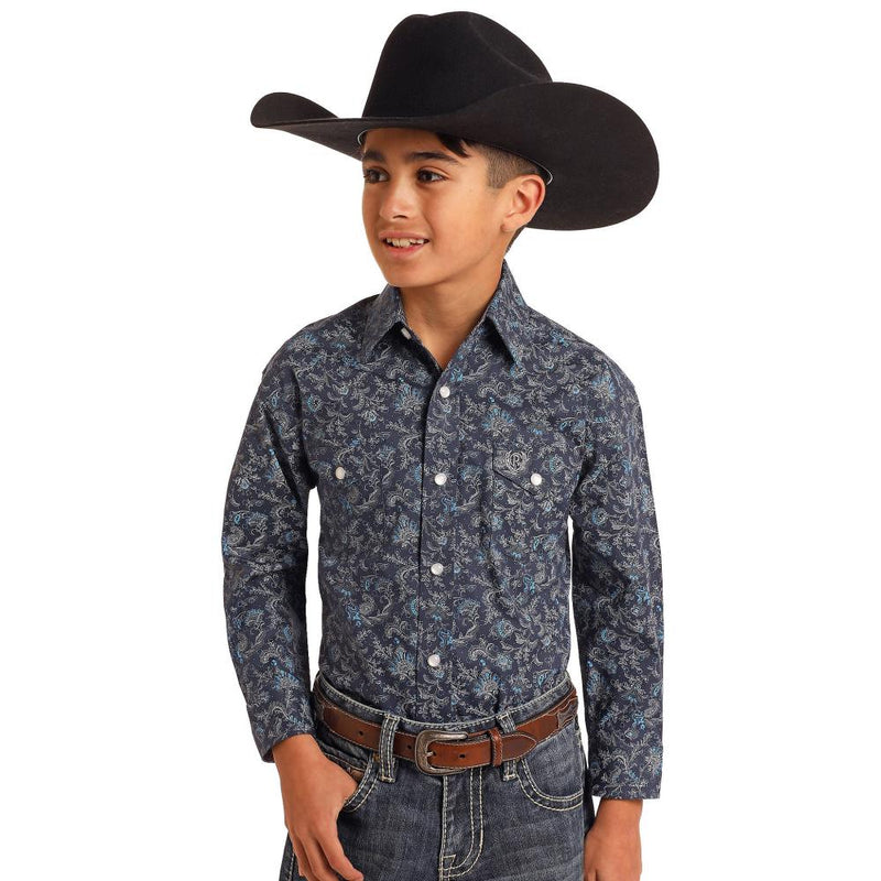 Boys Navy Paisley Print Long Sleeve Button Shirt