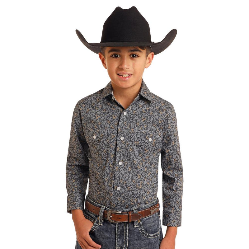 Boys Charcoal Paisley Print Long Sleeve Button Down Shirt