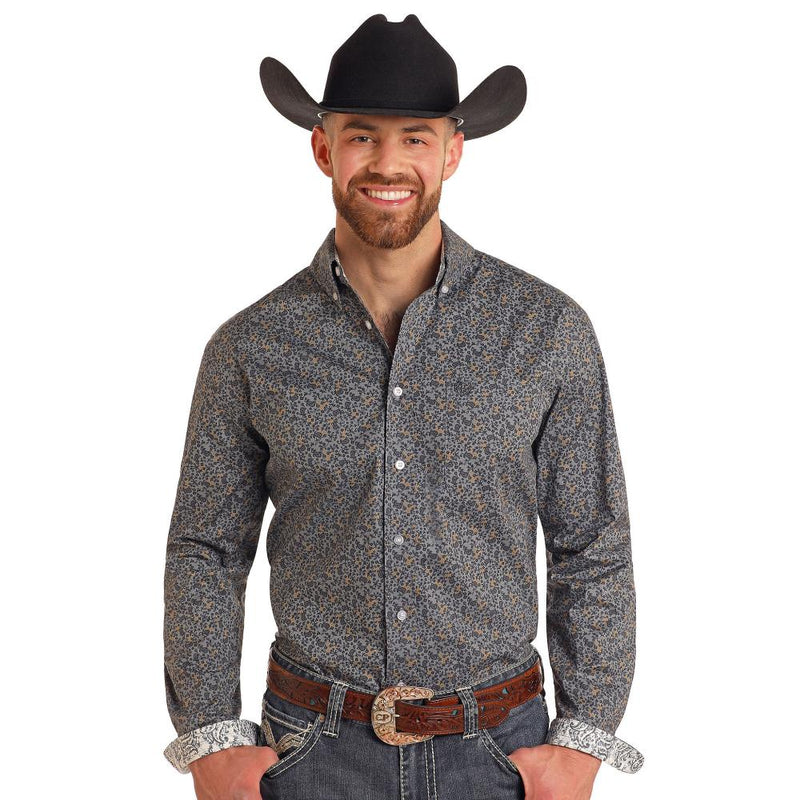 Mens Charcoal Paisley Print Long Sleeve Button Down Shirt