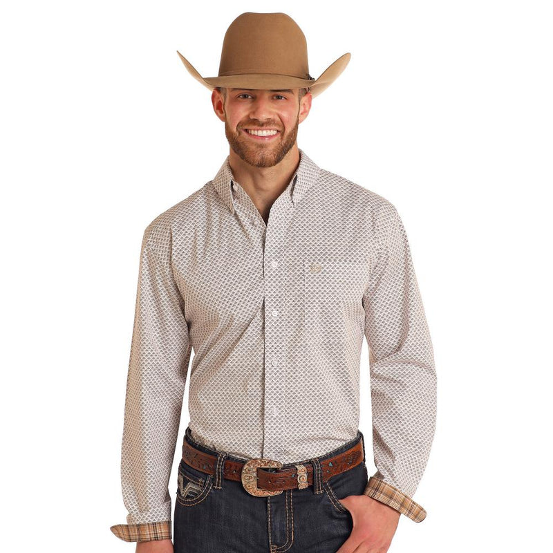 Mens Tan Geo Print Long Sleeve Button Shirt