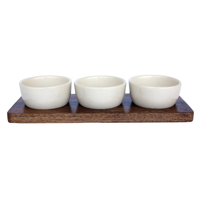Mango Wood Tray With 3 Stoneware Bowls