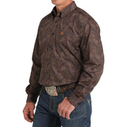 Mens Brown Paisley Print Long Sleeve Button Down Shirt