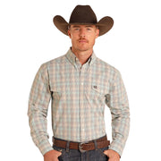 Mens Brown Check Print Long Sleeve Button Down Shirt