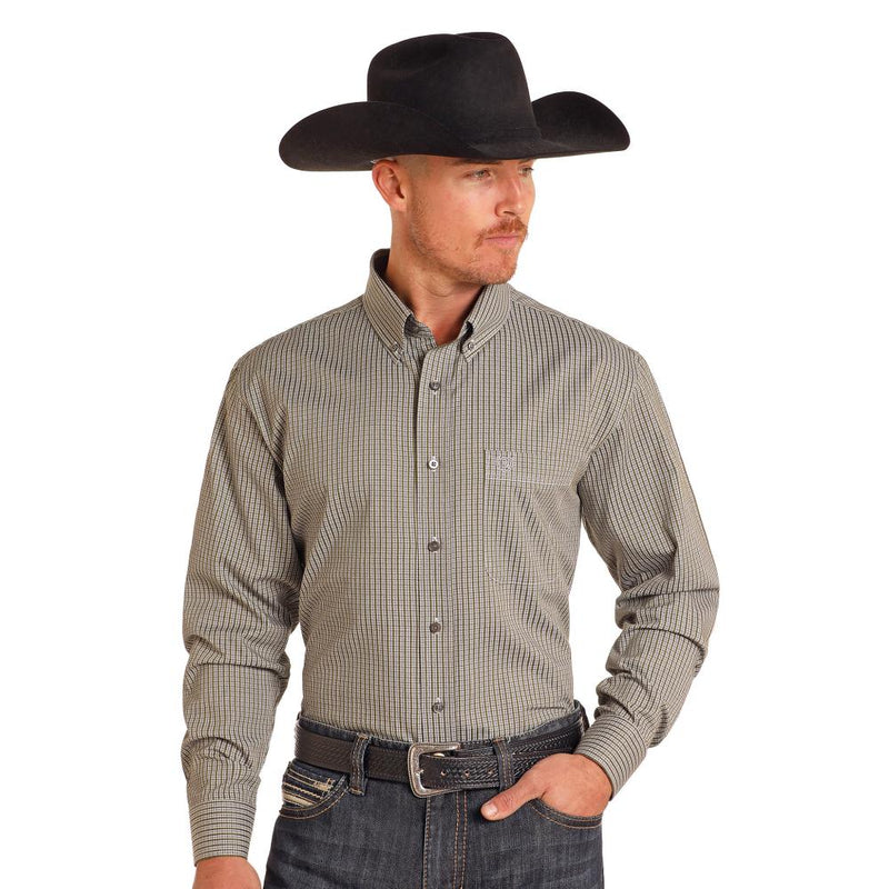 Mens Brown Small Check Plaid Long Sleeve Button Down Shirt