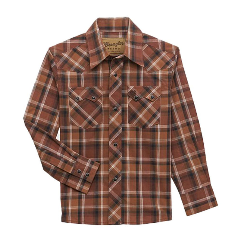Boys Retro Brown Plaid Long Sleeve Snap Shirt