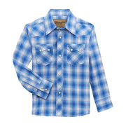 Boys Retro Blue Plaid Long Sleeve Snap Shirt