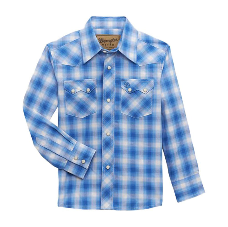 Boys Retro Blue Plaid Long Sleeve Snap Shirt