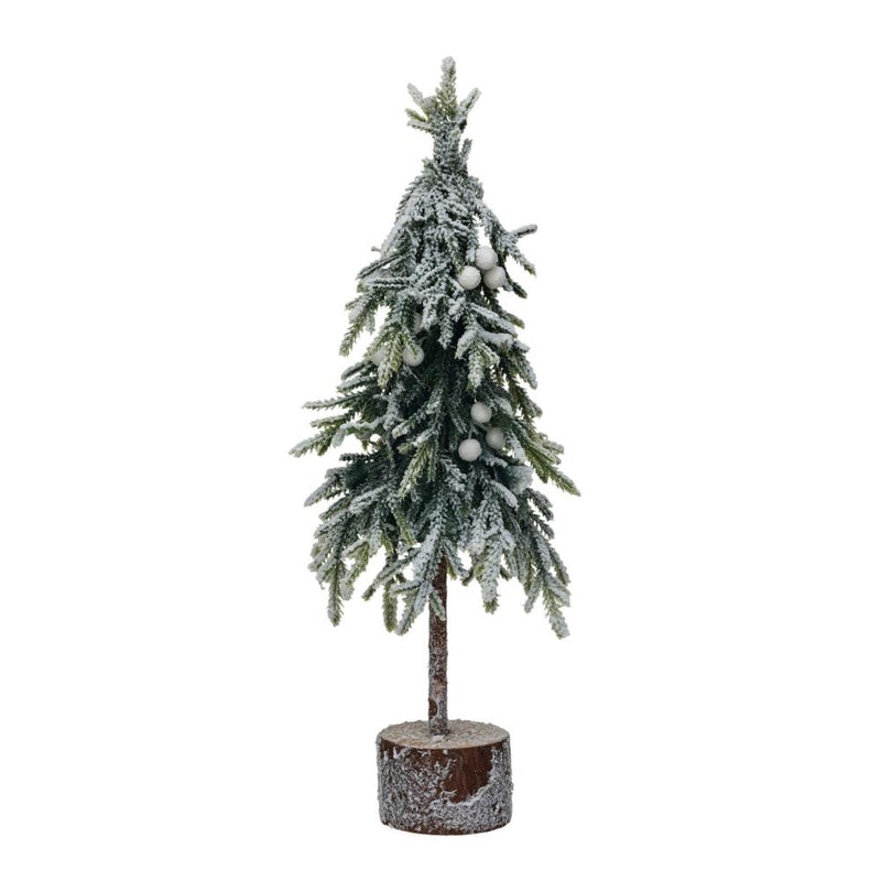Fuax Fir Tree With Wood Base Snow Finish