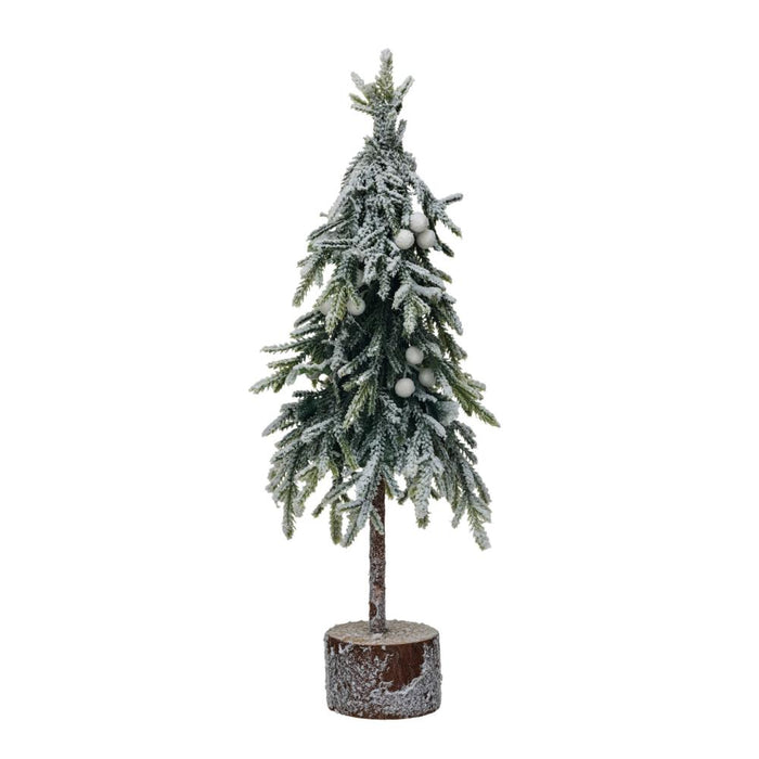 Fuax Fir Tree With Wood Base Snow Finish
